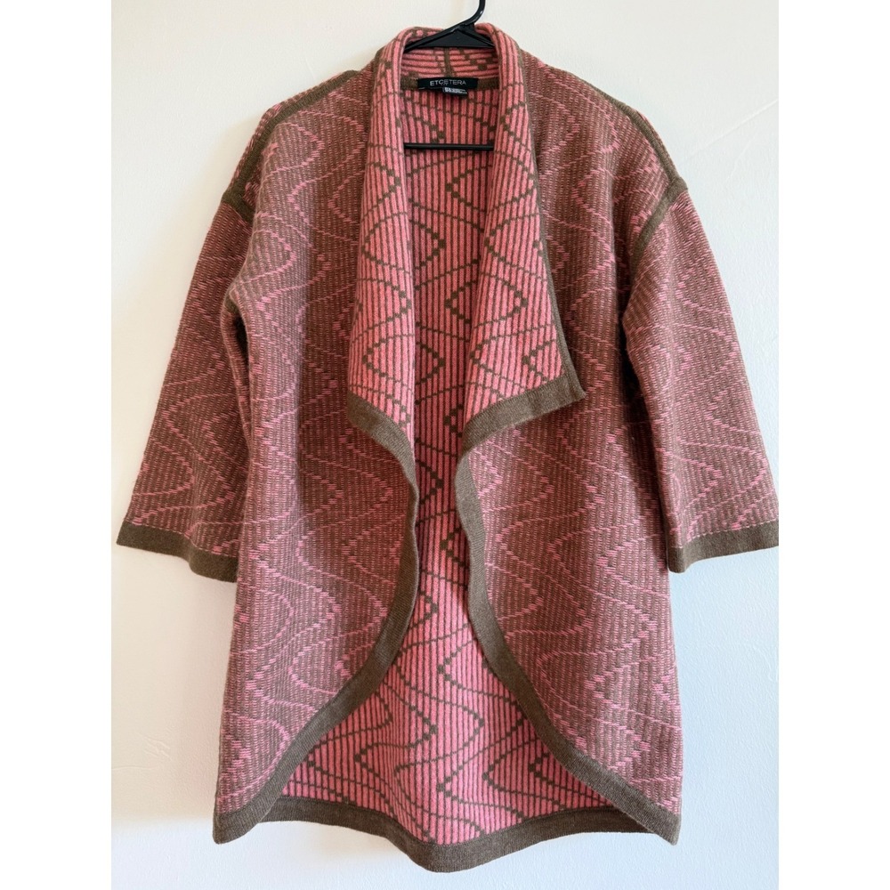 Etcetera Pink Brown 100% Lambswool Geometric Open Cardigan Sweater Medium M Wool